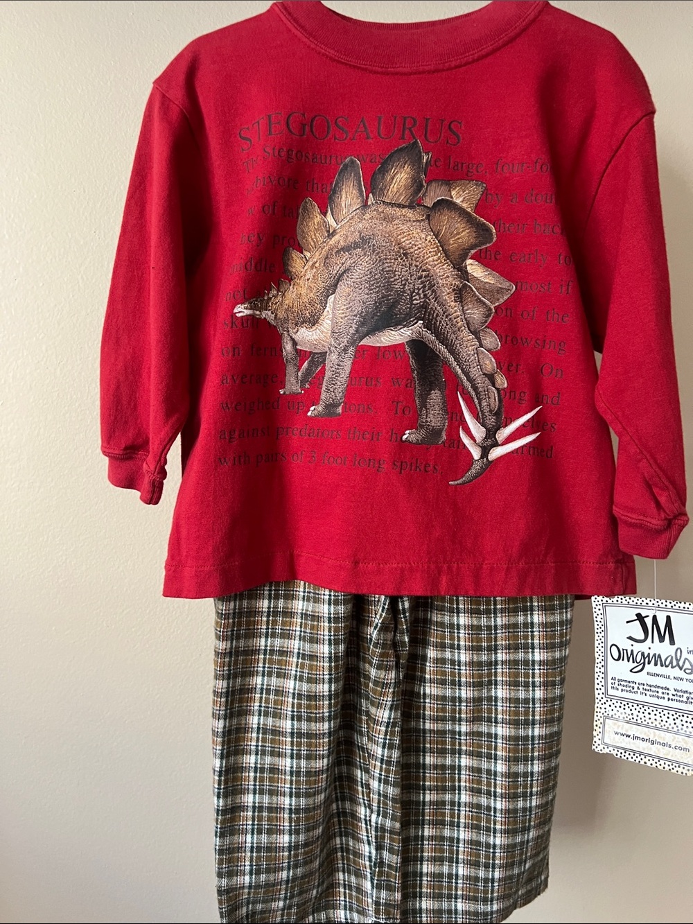 Vintage Red Stegosaurus Kids Pajama/PlaySet - Long Sleeve Top & Plaid Pants